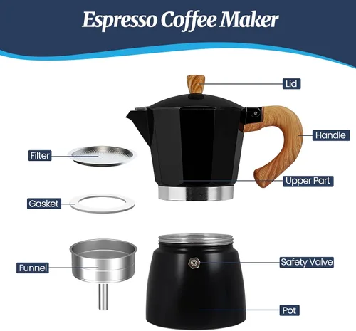 Vista 3 de Moka Pot - Cafetera italiana de aluminio de 15.2 fl oz, cafetera para estufa, cafetera espresso Mocha Pot (negro, 3 tazas)