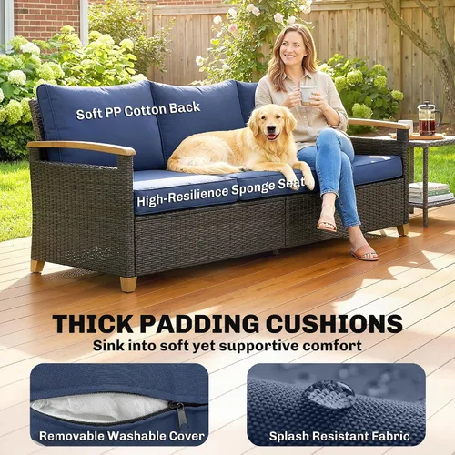 Vista 4 de Outsunny Sofá de 3 plazas para exteriores, sofá de mimbre PE para patio con asientos profundos amplios, cojines de espuma de 4 pulgadas Beige