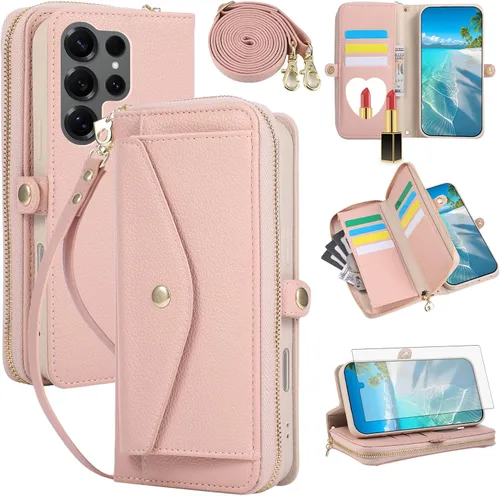 Vista 47 de Asuwish Funda de teléfono para Samsung Galaxy S23 5G con cremallera, funda para celular con protector de pantalla, correa para el hombro, espejo