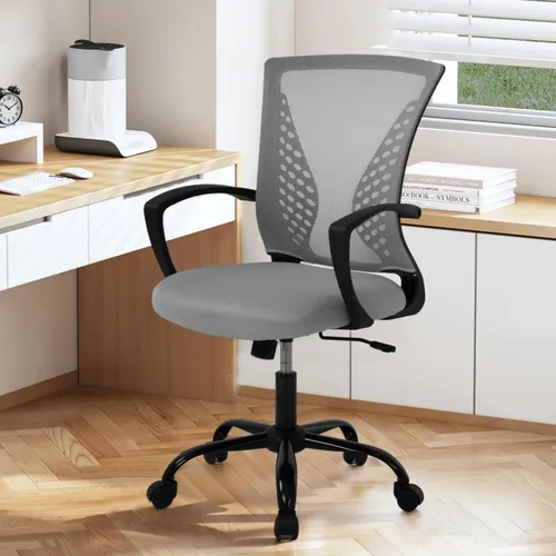 Vista 8 de Silla de oficina de malla con ruedas, silla de escritorio ergonómica de respaldo medio con brazos y soporte lumbar, cómoda silla de computadora