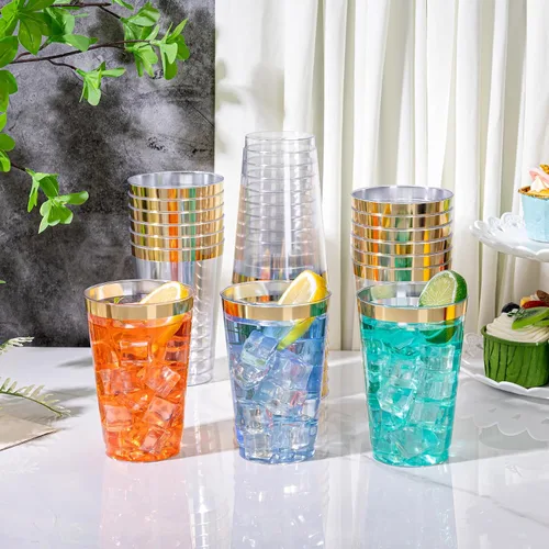 Vista 2 de I00000 Paquete de 100 vasos de plástico dorados de 14 oz, vasos desechables dorados vasos, copas de vino de plástico desechables, copas de cóctel