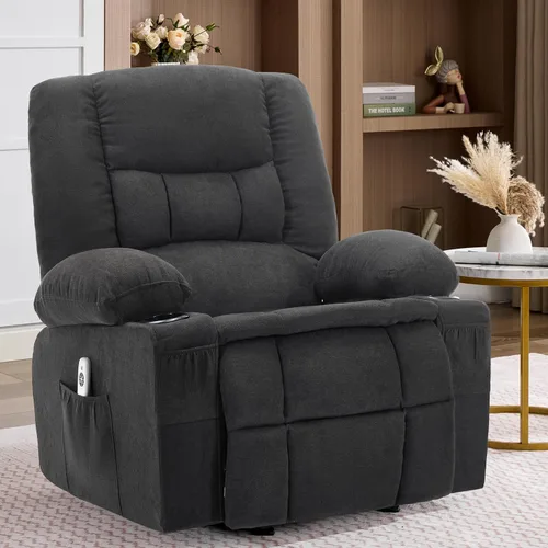 Vista 14 de Rocker - Silla reclinable con masaje y calor, sofá individual ergonómico, mecedoras para sala de estar, cómoda silla reclinable con portavasos Gris