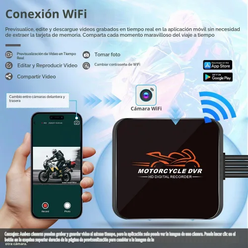 Vista 2 de VSYSTO Cámara WiFi para salpicadero de motocicleta, 2 canales, lente gran angular de 130°, visión nocturna frontal y trasera HD 1080P, sistema DVR