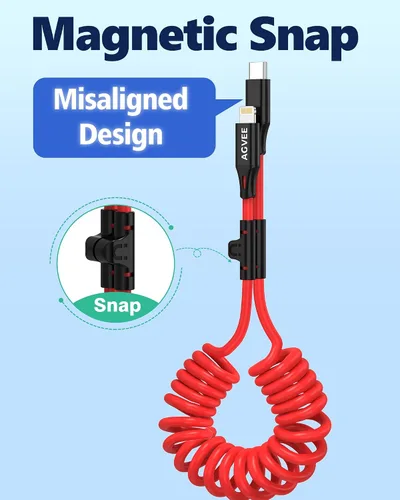 Vista 2 de AGVEE - Cable USB-C a Lightning en espiral de 1.5 pies [certificado MFI] Carplay Cable de transferencia de datos de cargador rápido PD de 30 W