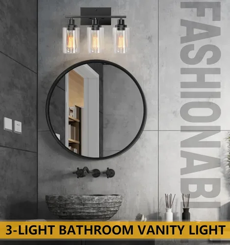 Vista 2 de Lámparas de baño, 3 luces, lámpara de tocador negra con pantalla de vidrio transparente, lámpara de pared moderna con marco de metal, lámparas