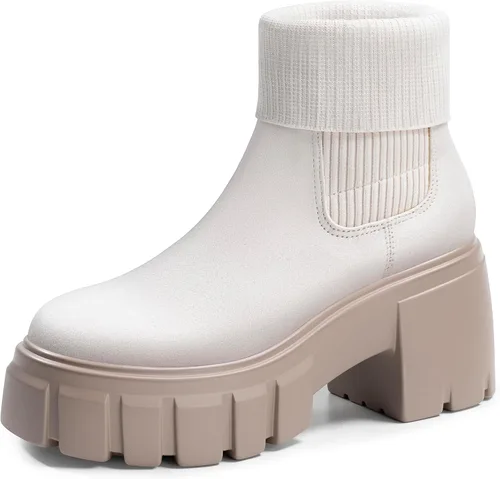 Vista 7 de FITORY Botas Chelsea para mujer, botines de tobillo elásticos con tacón medio grueso y suela con tacos, zapatos cómodos y modernos sin cordones