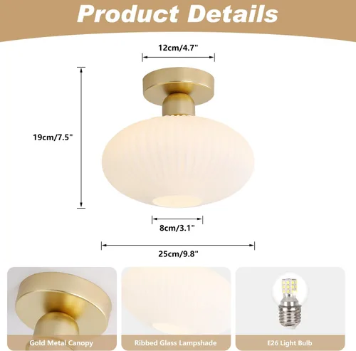 Vista 2 de KCO Lighting - Lámpara de techo de latón antiguo, lámpara de techo semiempotrada de vidrio de leche vintage, lámpara de techo pequeña dorada