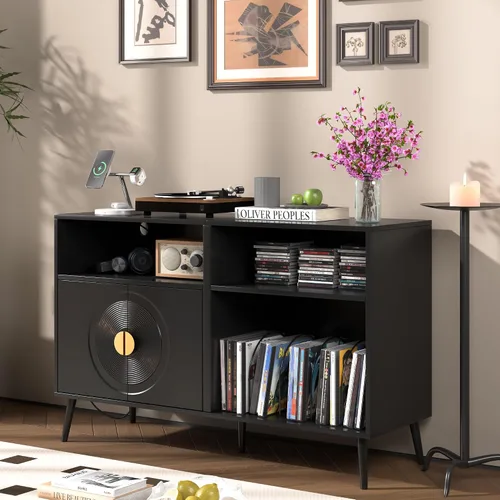 Vista 3 de Fiogmub Soporte grande para tocadiscos, soporte giratorio de mediados de siglo con puerta, mesa para tocadiscos con capacidad para hasta 350