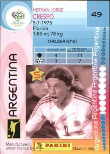 Vista 2 de 2006 Panini World Cup #49 Hernan Crespo Tarjeta metalizada MC Argentina Copa Mundial Oficial de la FIFA Fútbol en estado Raw (NM o mejor)
