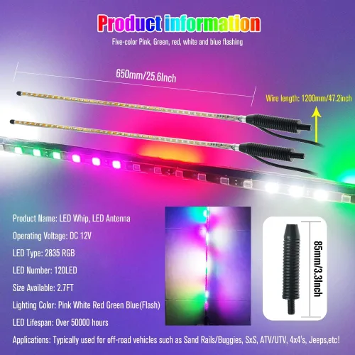 Vista 7 de YEORO 2 piezas Tiras LED Dobles RGB 270 Luces Estroboscópicas Automáticas de Antena Impermeables para UTV, ATV (2.4 pies)