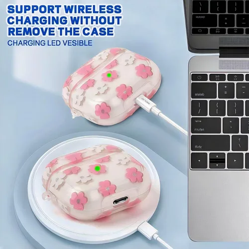 Vista 2 de Bonita funda compatible con AirPods 3 2021, diseño de patrón floral de dibujos animados para mujeres y niñas, funda protectora de silicona suave a