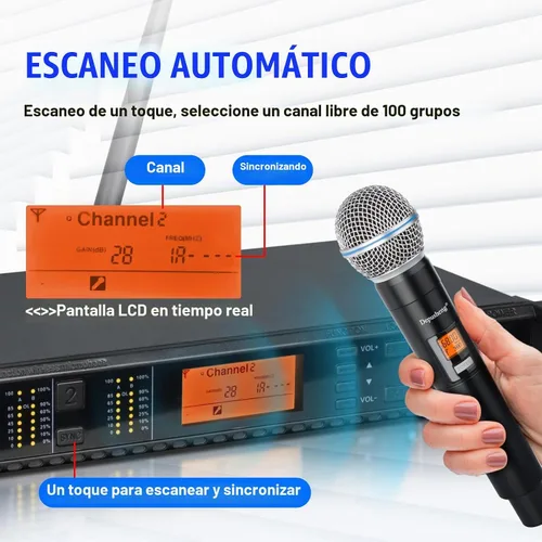 Vista 5 de Depusheng Sistema de micrófonos inalámbricos con 2 canales, micrófono inalámbrico de mano Inalambrico, rango UHF de 200 pies, micrófonos