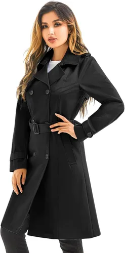 Vista 3 de FARVALUE Gabardina impermeable para mujer, rompevientos de doble botonadura, clásico con solapa con cinturón y capucha extraíble