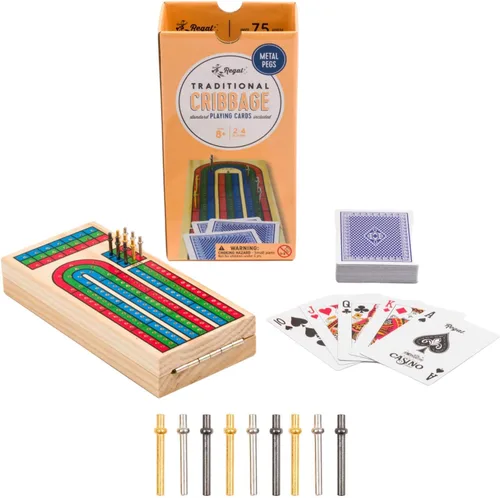 Vista 3 de Regal Games Juego de mesa Cribbage con almacenamiento, divertido juego de mesa con tablero de madera para adultos y niños, 9 clavijas de metal