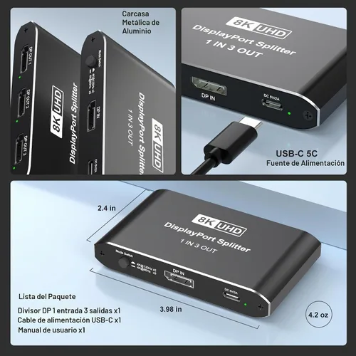 Vista 8 de Divisor DisplayPort 1 en 3 salidas, divisor de puerto de pantalla para monitores triples, compatible con DSC de 8K a 60Hz y modo extendido/espejo 4K