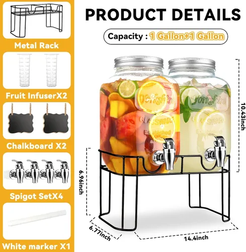 Vista 2 de Dispensadores de bebidas de vidrio de 1 galón para fiestas, dispensador de bebidas de limonada con soporte y grifo para barbacoa, picnic, fiesta