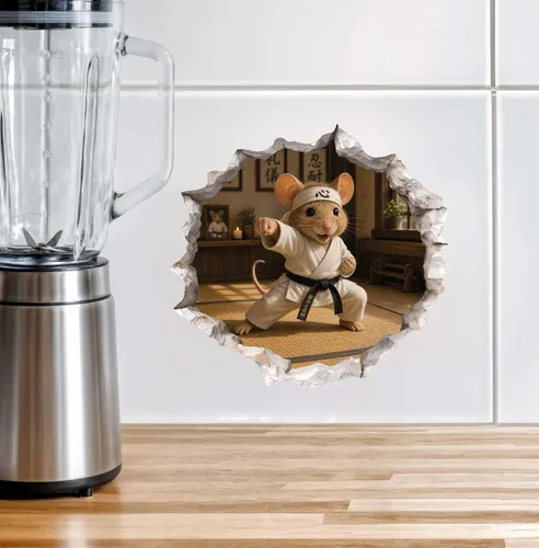 Vista 4 de Calcomanía de ratón de karate en agujero de ratón, adhesivo de pared 3D con agujero de ratón