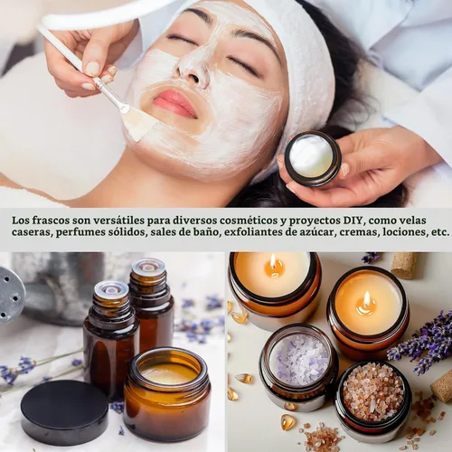 Vista 4 de KEYWING Tarros de vidrio ámbar de 1 oz con tapas negras, paquete de 36 tarros pequeños redondos de vidrio para cosméticos con forros interiores