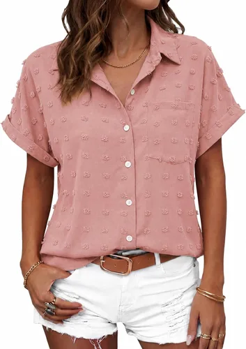 Vista 32 de Beautife Camisas con botones para mujer, blusas de manga corta Albaricoque
