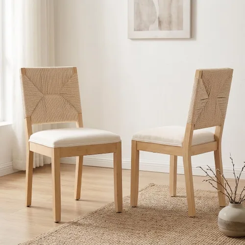 Vista 20 de French Country Dining Chairs Set of 2, Linen Upholstered Cane Back, Amber