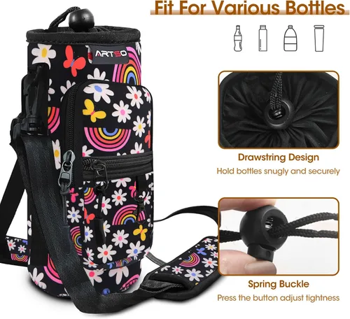 Vista 3 de ARTSO Bolsa de transporte para botella de agua con bolsillo para teléfono, funda de neopreno para botella de agua, bolsa con correa ajustable