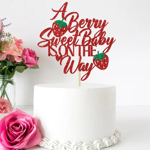 Vista 3 de A Berry Sweet Baby is on the Way - Decoración para tartas, Sweet One Cake Topper, Berry Sweet, decoración de fiesta de baby shower, purpurina roja