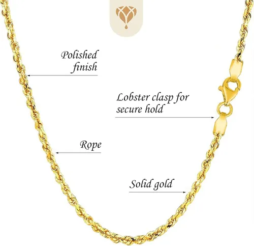 Vista 3 de 10K SOLID Yellow Gold 225mm thick Shiny Diamond-Cut Solid Rope Chain Necklace for Pendants and Charms with Lobster-Claw Clasp Mens and womens Rope