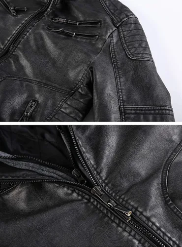 Vista 5 de MANSDOUR Chaqueta de piel sintética para hombre, color negro cálido, chaqueta bomber para motocicleta con capucha extraíble