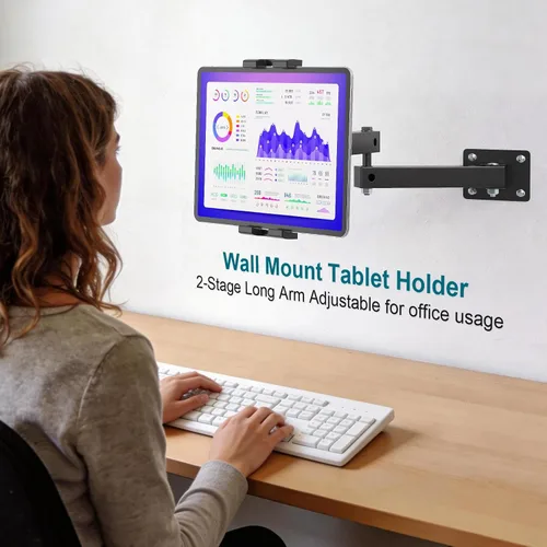 Vista 2 de Mippko Soporte plegable de pared para iPad, soporte para tableta, soporte ajustable de 360°, brazo articulado de aleación de aluminio extensible