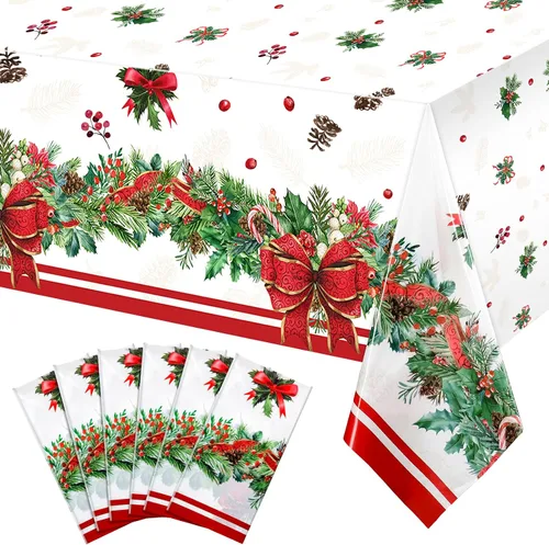 Vista 7 de Tiamon Manteles de plástico de 3 piezas, impermeables, desechables, rectangulares, fundas de mesa de Navidad para suministros de fiesta de Navidad