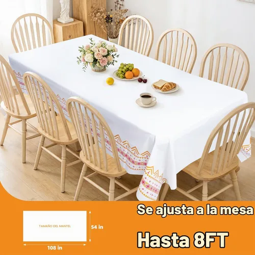 Vista 2 de Paquete de 10 manteles de plástico blanco, 108 x 54 pulgadas, manteles rectangulares desechables bohemios para bodas, pícnics y fiestas
