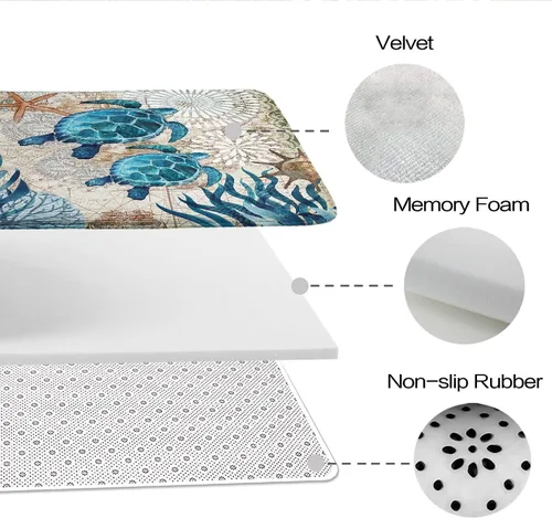 Vista 6 de Alfombra de baño de terciopelo coral con diseño náutico de tortugas marinas, animales de playa, tapete de ducha antideslizante para baño de océano