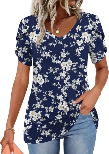 Vista 21 de CATHY 2025 - Blusas de verano para mujer, con mangas cortas, cuello en V, estilo túnica, tallas S-4XL Talla B