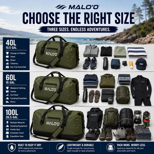 Vista 4 de Bolsa de lona impermeable Malo’o, bolsa de equipo resistente enrollable impermeable con correas para el hombro y bucles Molle, bolsa marina de lona