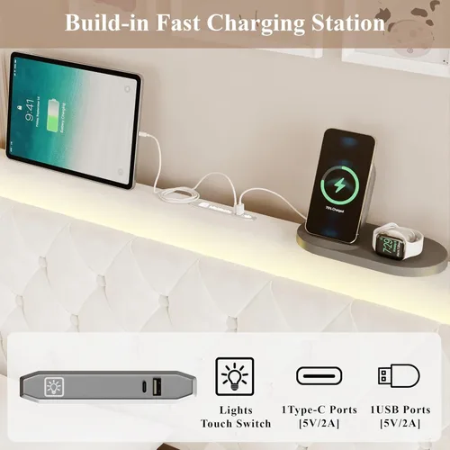 Vista 5 de Base de cama Queen con cabecera capitoné con botones, base de cama tapizada tamaño Queen con luces LED, estación de carga, almacenamiento