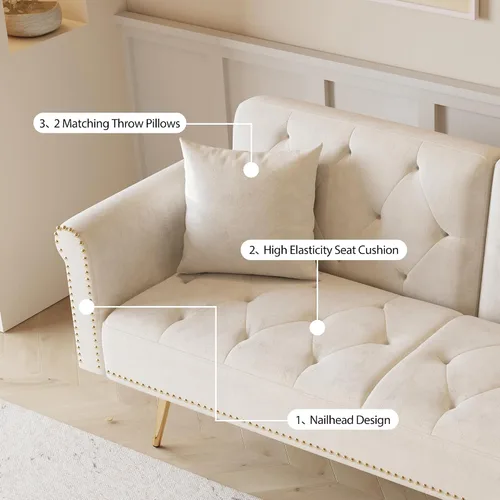 Vista 4 de Sofá cama tapizado de terciopelo, sofá cama convertible con dos almohadas para sala de estar, dormitorio, oficina en casa (beige)