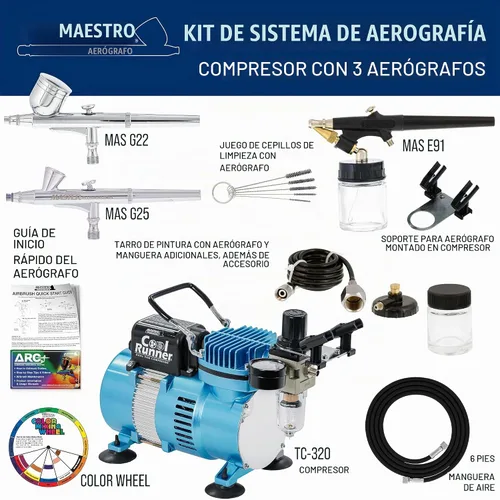 Vista 2 de Master Airbrush Professional 3 Kit de aerógrafo con compresor y filtro de aire/Regulador