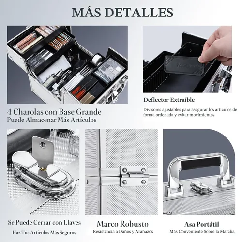 Vista 4 de FRENESSA Estuche de Tren para Maquillaje, Caja Organizadora de Cosméticos Portátil con Candado, Estuche de Viaje para Maquillaje con 4 Bandejas