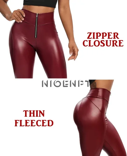 Vista 6 de NIOENPT Pantalones de cuero para mujer, leggings de piel sintética brillante, cintura alta, leggings de poliuretano negro, traje de discoteca