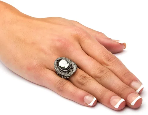 Vista 3 de PalmBeach Black Ruthenium Plated Sterling Silver Cameo Oval Shaped Natural Onyx and Round Cubic Zirconia Cameo Ring Sizes 6-10