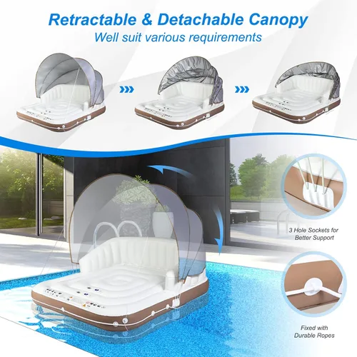 Vista 4 de Goplus Isla de toldo inflable, flotador de piscina de bronceado de 73 pulgadas con toldo retráctil y extraíble, SPF50+, 3 almohadas cómodas, carga