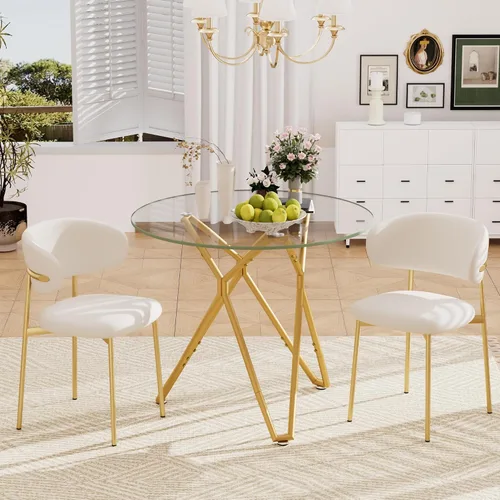 Vista 2 de Mesa de comedor redonda de 35.4 pulgadas para 4, moderna mesa de cocina de vidrio transparente para 4 personas con patas de metal dorado, mesas