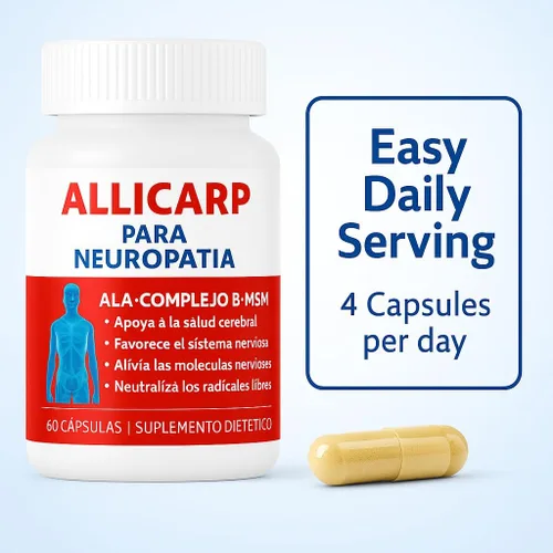 Vista 5 de Allicarp Para Neuropatia, Tratamiento de Neuropatía con Ácido Alfa Lipoico (ALA), Metilsulfonilmetano (MSM), Vitaminas Complejo B6 B12 C D3 E