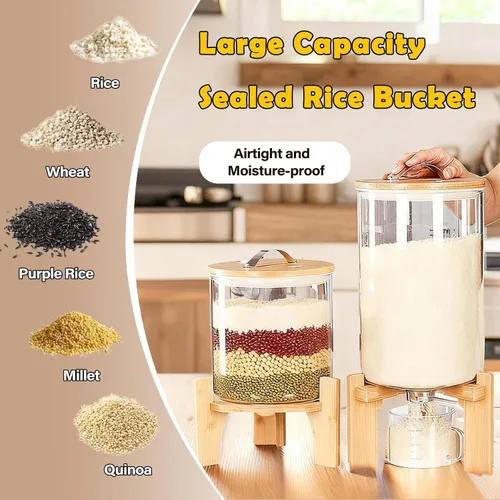 Vista 2 de Dispensador de arroz de vidrio, dispensador de cereales con taza medidora de vidrio y tapa hermética. Dispensador de almacenamiento de arroz de 5