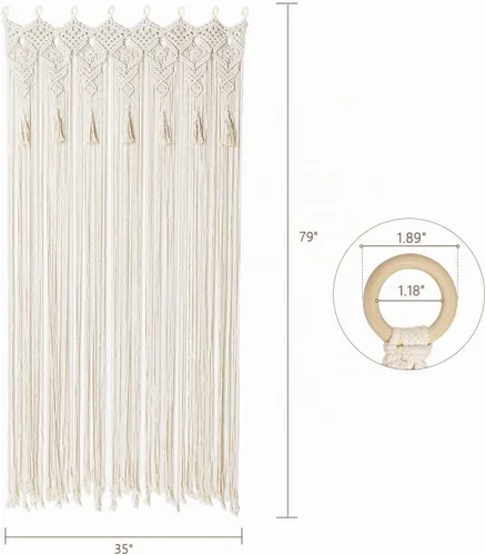Vista 7 de Cortina bohemia de macramé con borlas, sauce, 1 panel de 79 x 35