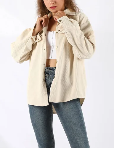 Vista 3 de Himosyber Chaqueta casual de pana de gran tamaño con solapa de pana sólida para mujer