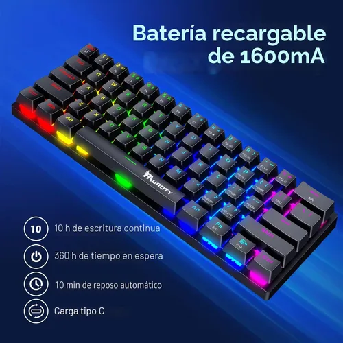 Vista 5 de Pauroty 60% Teclado mecánico inalámbrico, teclado de juego de triple modo 2.4G/USB-C/Bluetooth, retroiluminación RGB, interruptor azul clicky