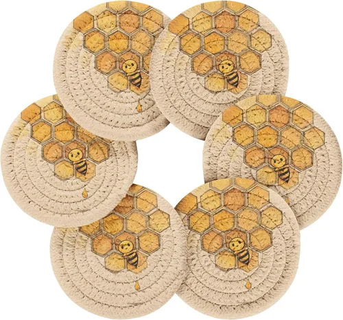 Vista 2 de Cute Bees - Juego de 6 posavasos de algodón vintage con soporte para mesa de café Posavasos para mesa