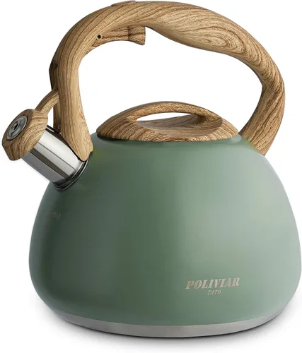 Vista 7 de POLIVIAR Hervidor de té, 2.7 cuartos de galón con acabado azul y mango de madera con silbato fuerte, tetera de acero inoxidable de grado