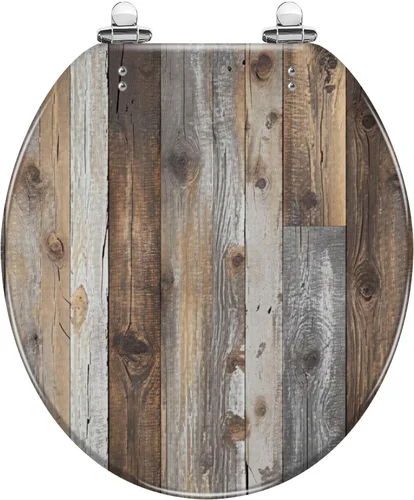 Vista 13 de Asiento de inodoro alargado con textura de tablón de madera blanca envejecida, asiento de inodoro de resina con encanto rústico con bisagras